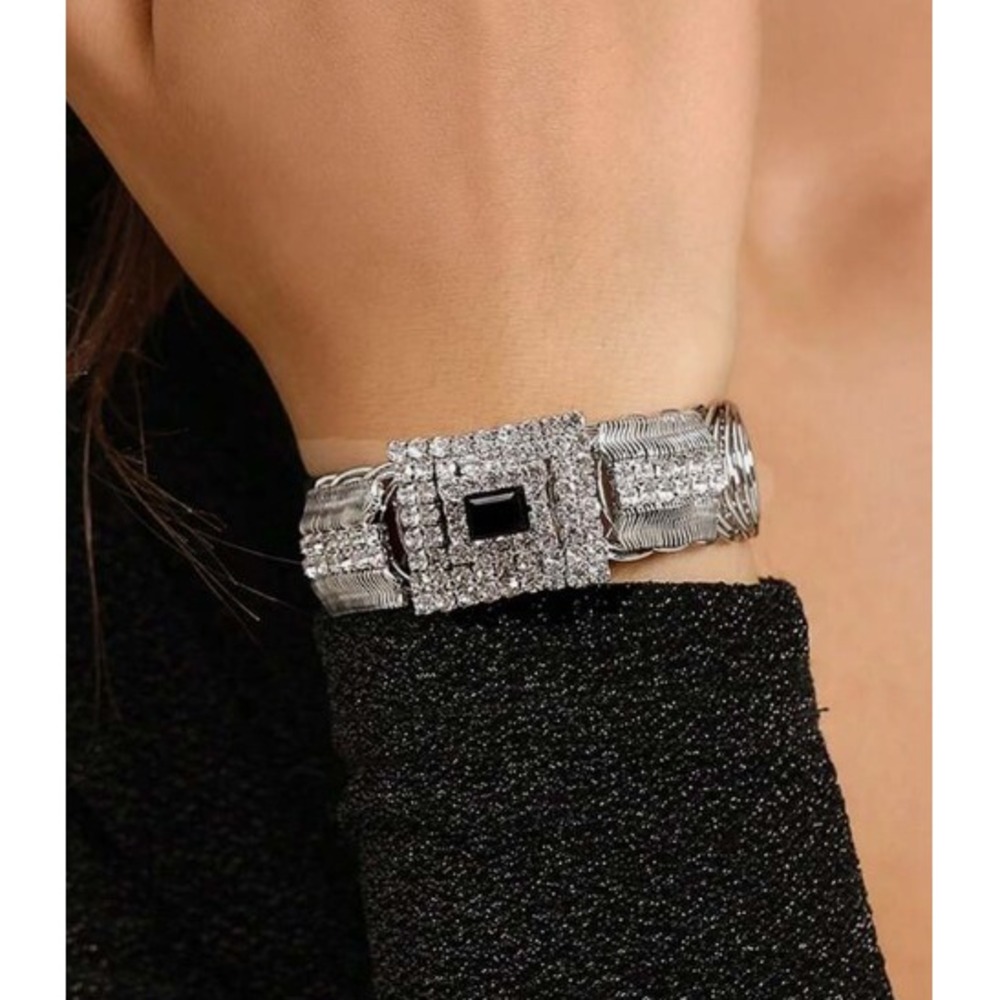 Rhinestone Spring Bangle Bracelet Silver Tone Black Stone‎ Statement Cuff